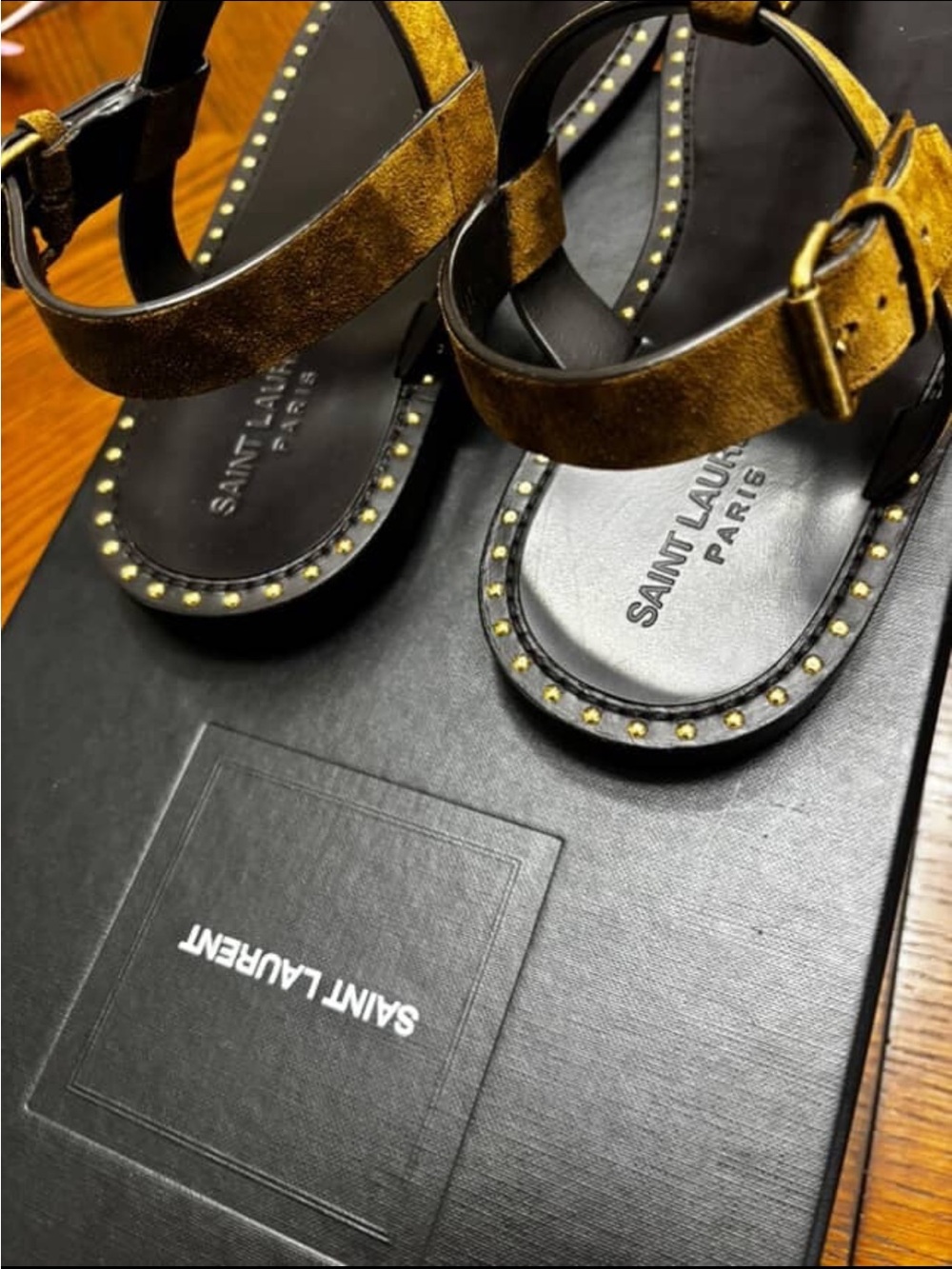 Saint Laurent Brown and Gold Suede Logo Thong Sandals - Picture 6 of 6